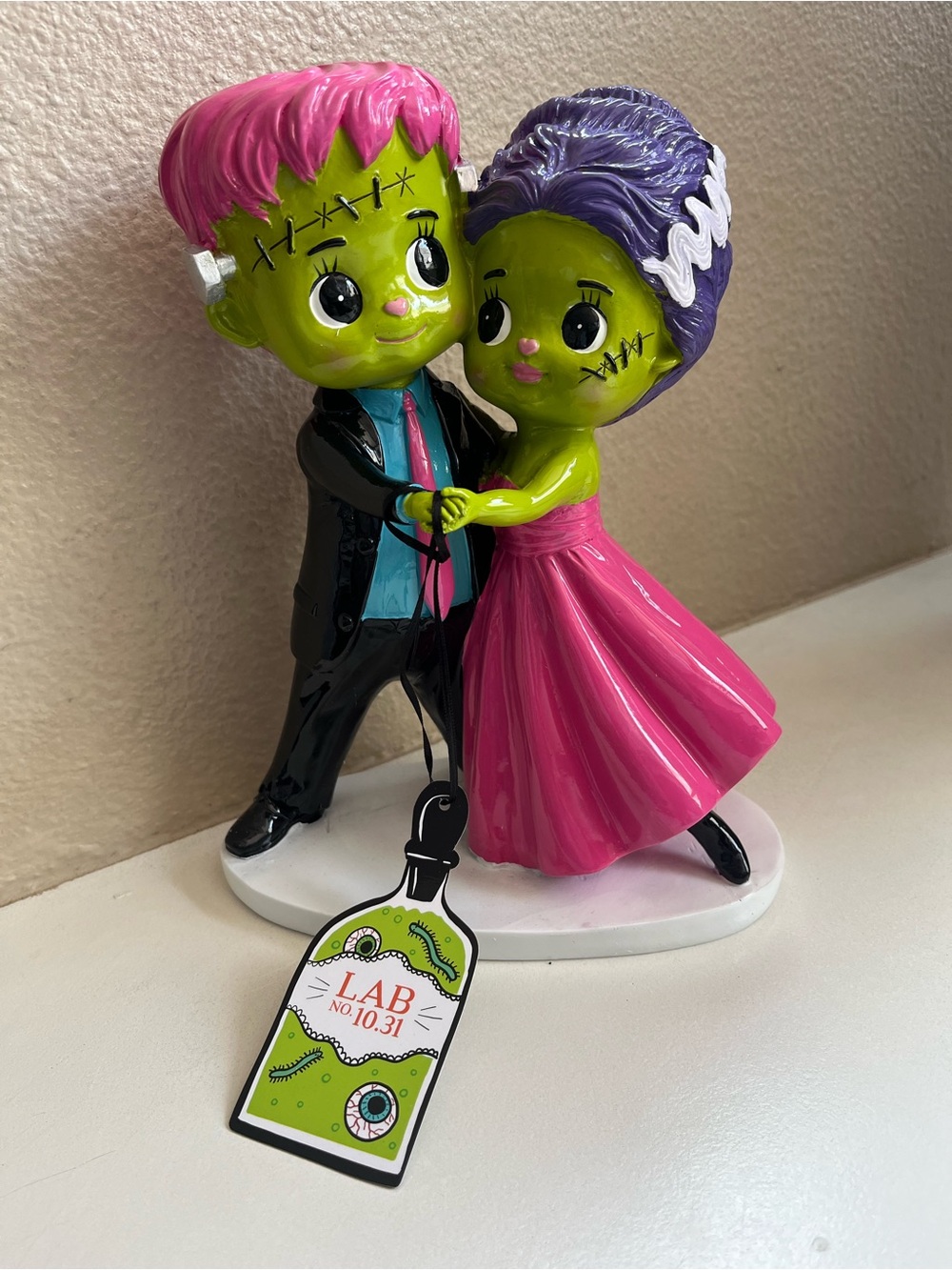 Halloween Pink & Purple Frankenstein Dancing Wedding Couple Figurine